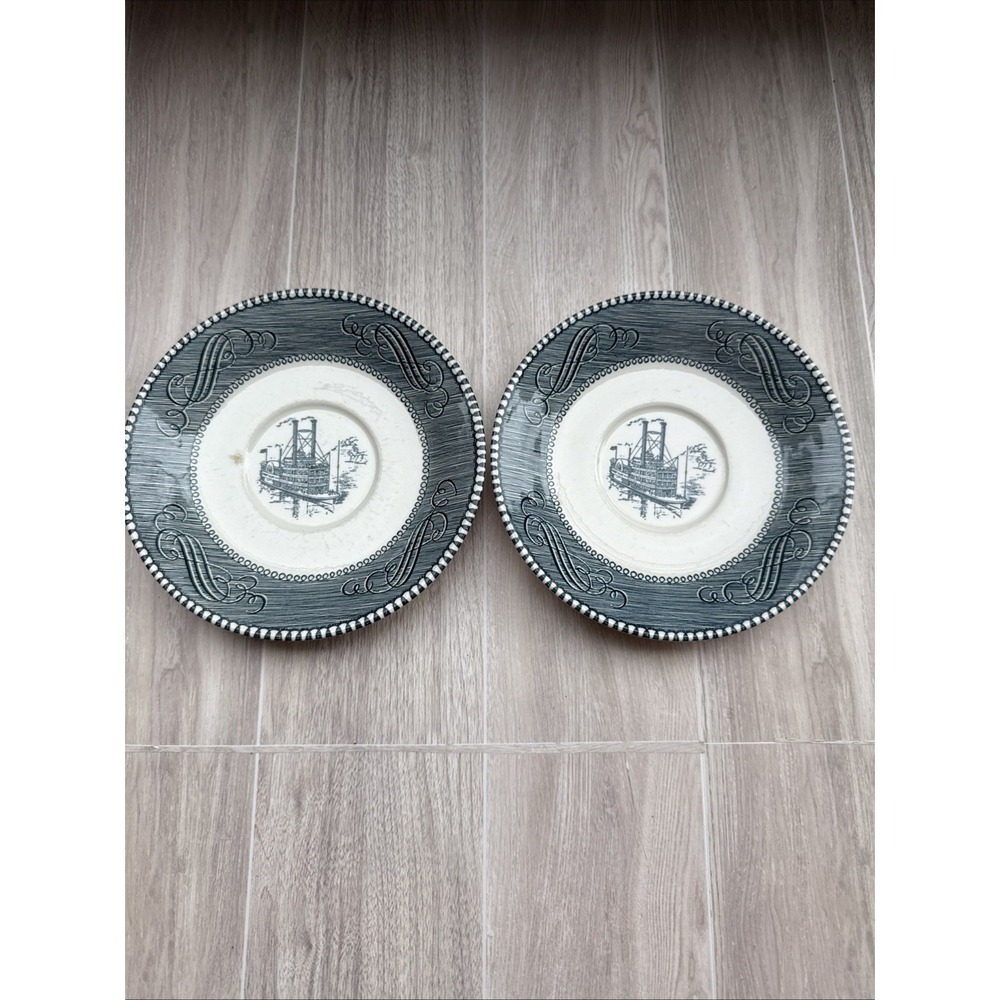 Currier And Ives Blue Steamship Plates Blue And White 6" Bread Butter Set‎ Of 2